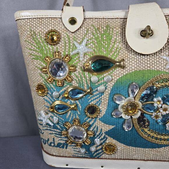 1966 Enid Collins Texas Sea Garden Jeweled Bag Vintage Tote Purse Fish Coastal - Picture 2 of 14